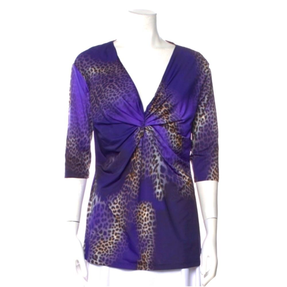 Blumarine Ruched Purple Leopard Animal Print Women's Tunic Blouse Top 14